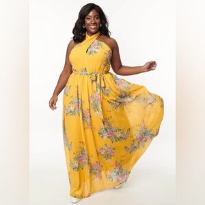 New Unique Vintage Smak Parlour Budding Romance Floral 70's Maxi Dress Yellow